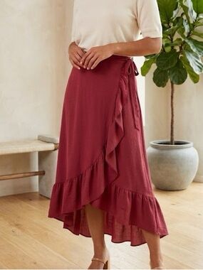 Red Ruffle Faux Wrap Midi Skirt